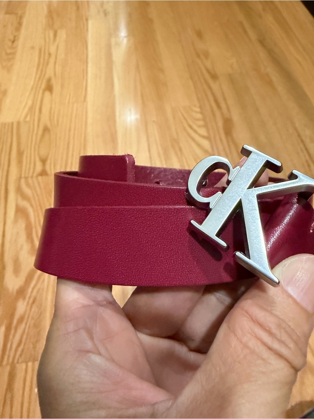Calvin Klein Burgundy Leather Belt with Silver CK Buckle
